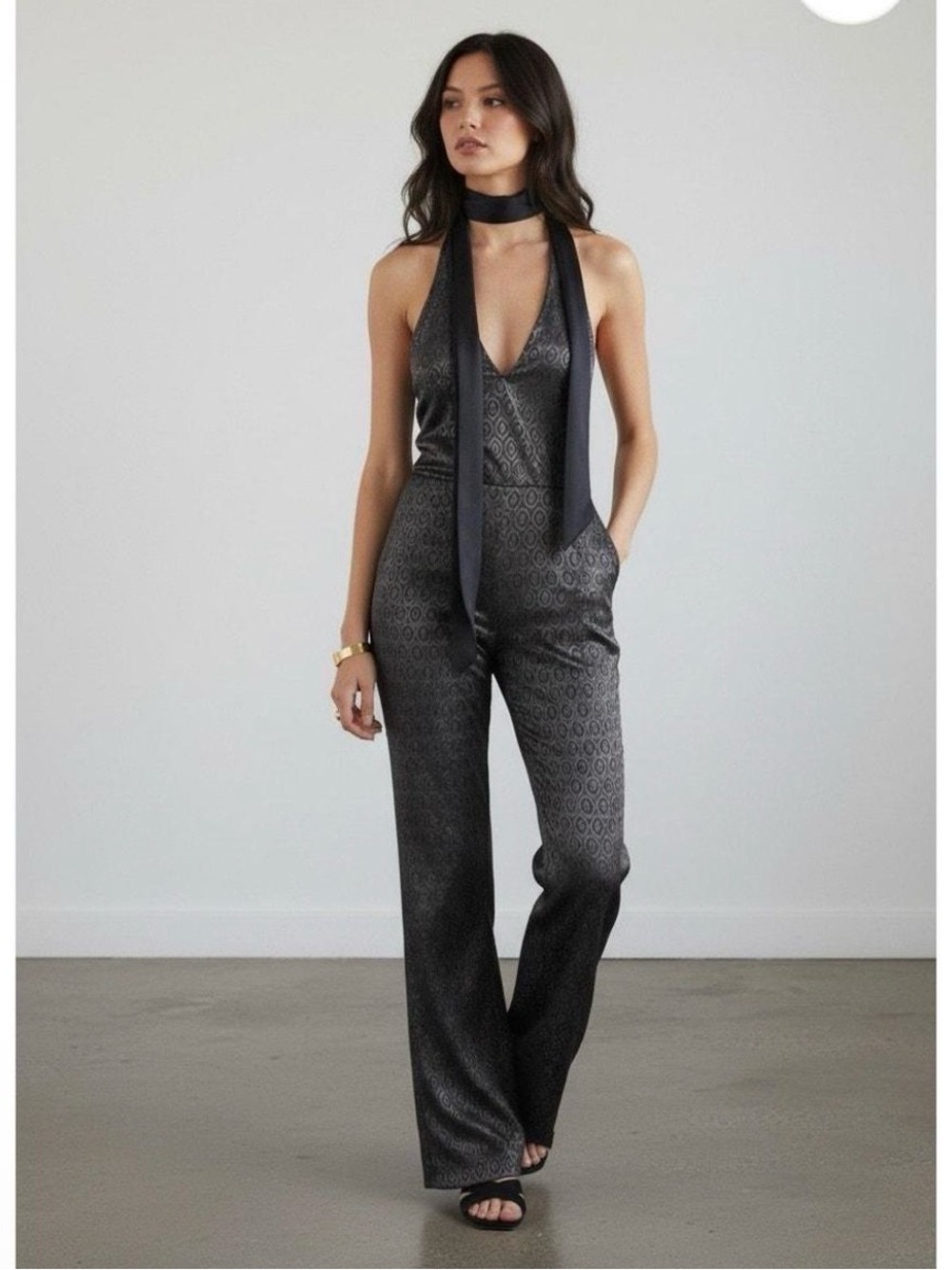 Motel Rocks Grey Jacquard Deep-V Jumpsuit
